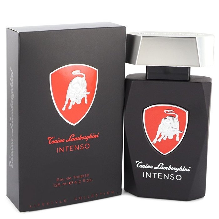 Tonino Lamborghini Intenso perfume bottle and packaging on a white background
