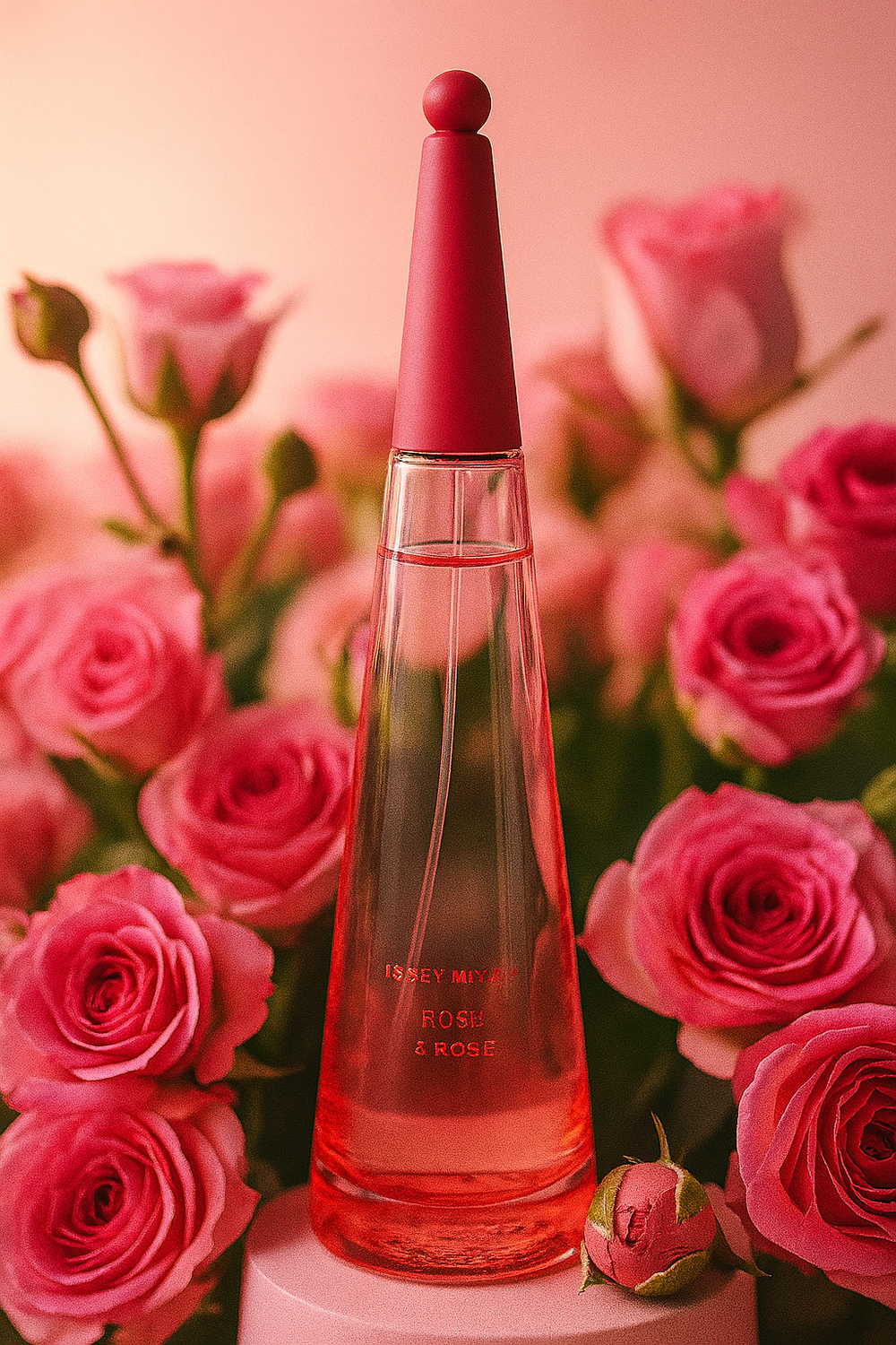Perfume bottle with red cap and clear body on a pink rose background