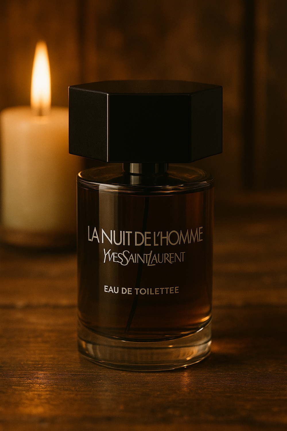 YSL La Nuit de L'Homme perfume bottle on a wooden surface with a candle in the background