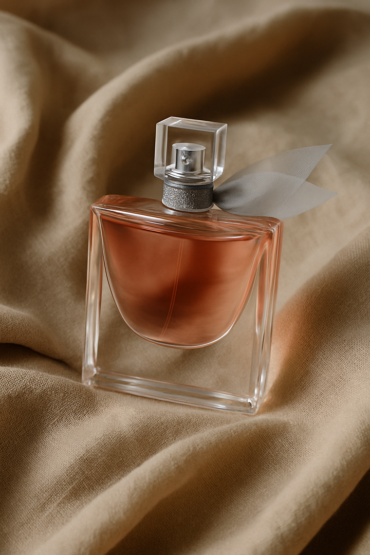 Perfume bottle with a brown liquid on beige fabric