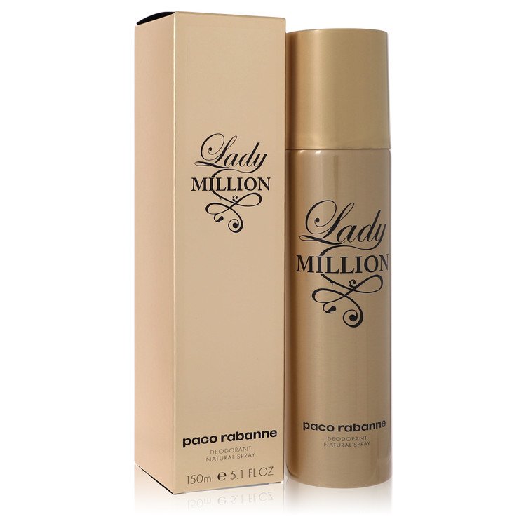 image showing the bottle and packaging for Lady Million Perfume by Paco Rabanne Deodorant Spray 150ml