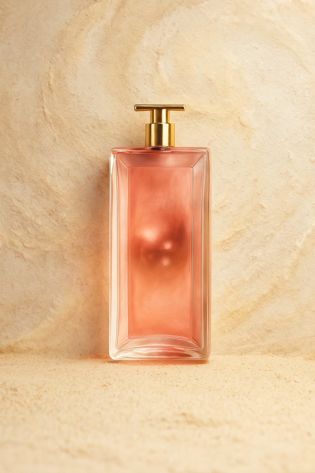 Rose gold perfume bottle with gold pump on a beige textured background