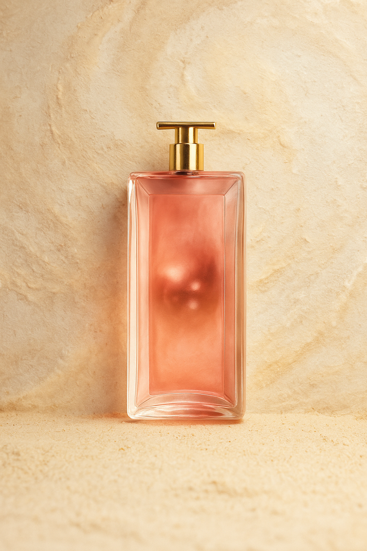 Rose gold perfume bottle with gold pump on a beige textured background