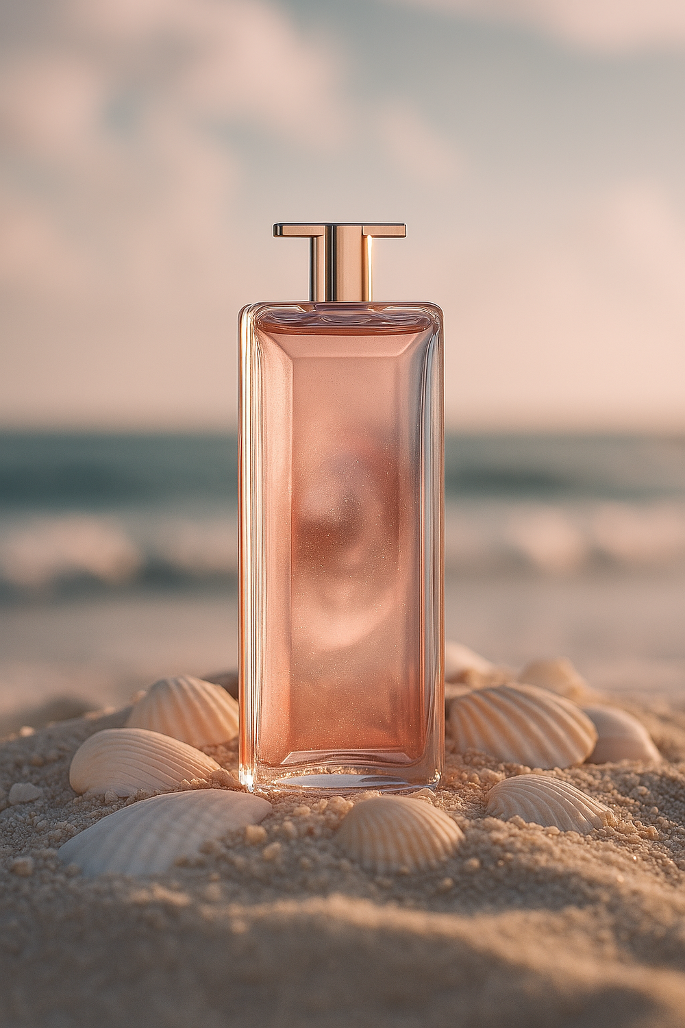 Perfume bottle on sand with a blurred beach background