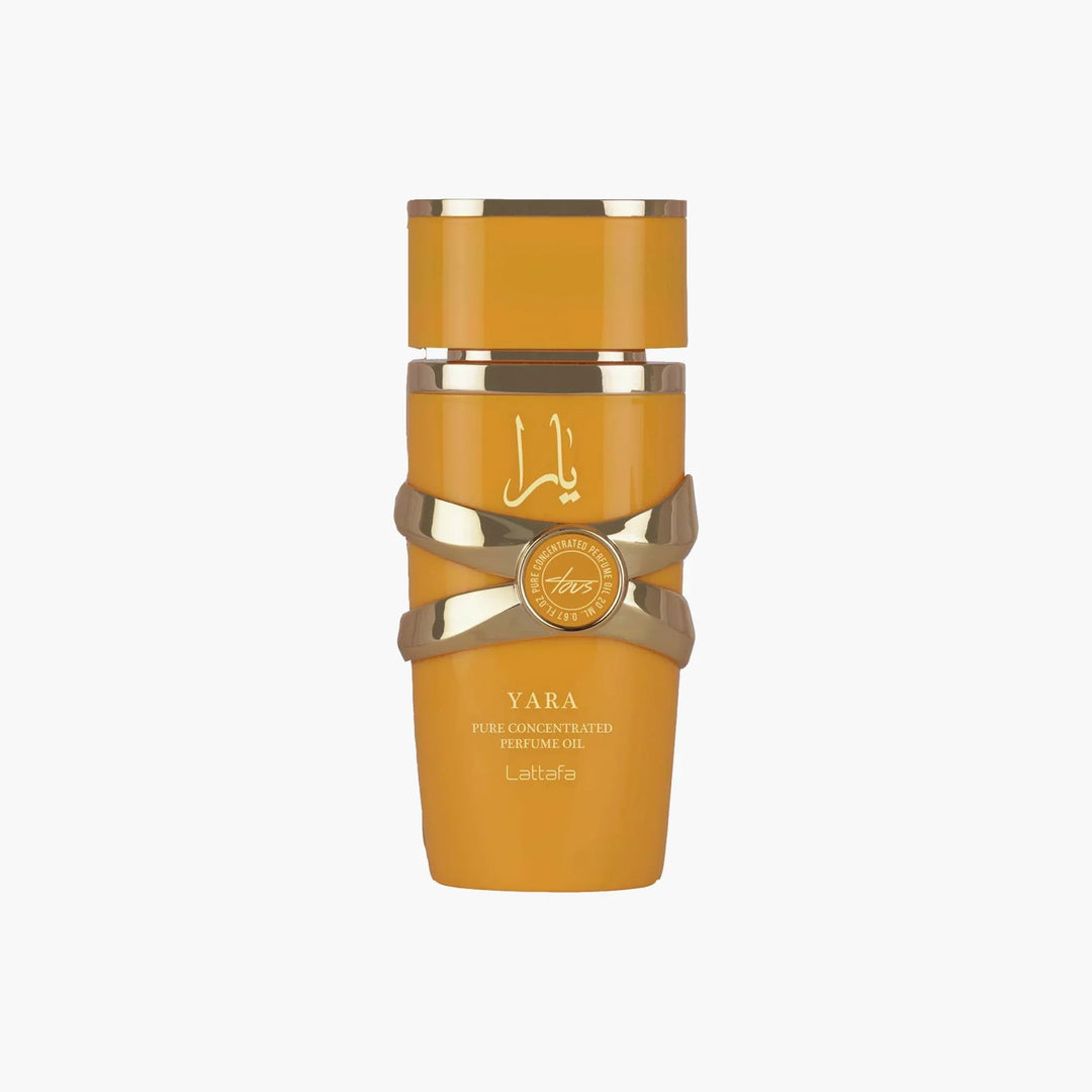 Yellow perfume bottle with gold accents on a white background