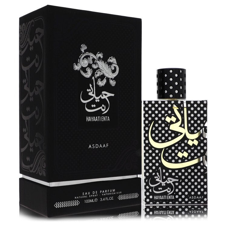 Perfume bottle and packaging with 'Hayatienta' branding on a white background