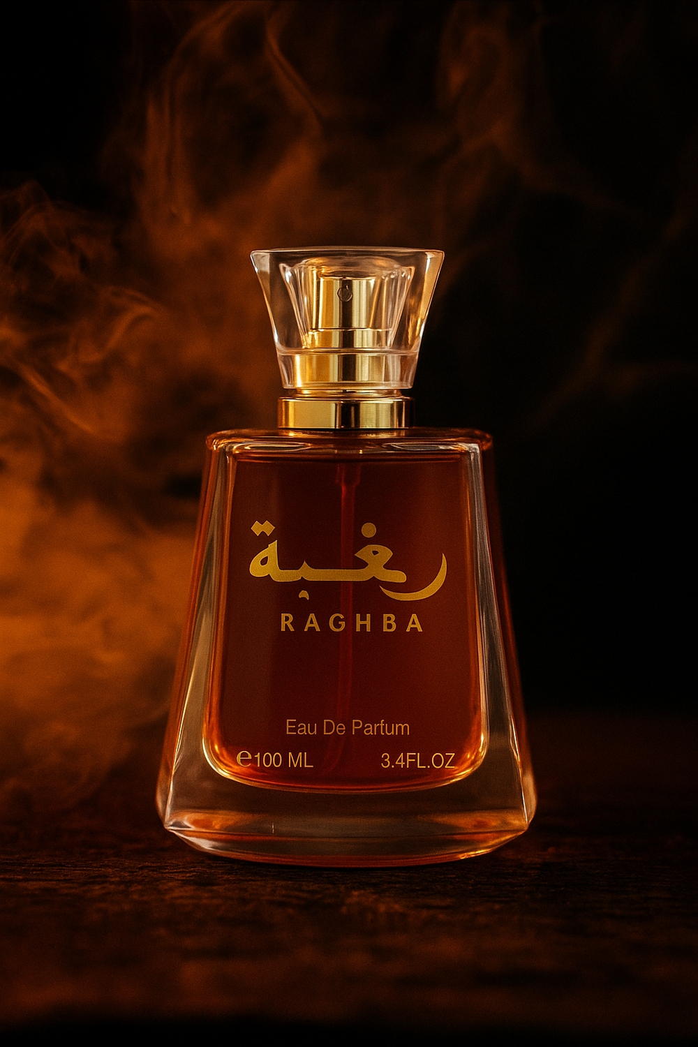 Perfume bottle labeled 'Raghba' with a dark background and smoke effect