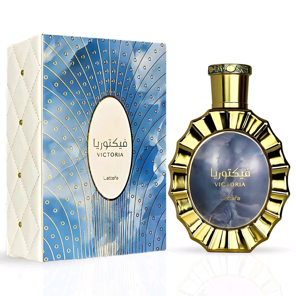 image showing the bottle and packaging for Lattafa Victoria Perfume By Lattafa Eau De Parfum Spray (Unisex) 100ml