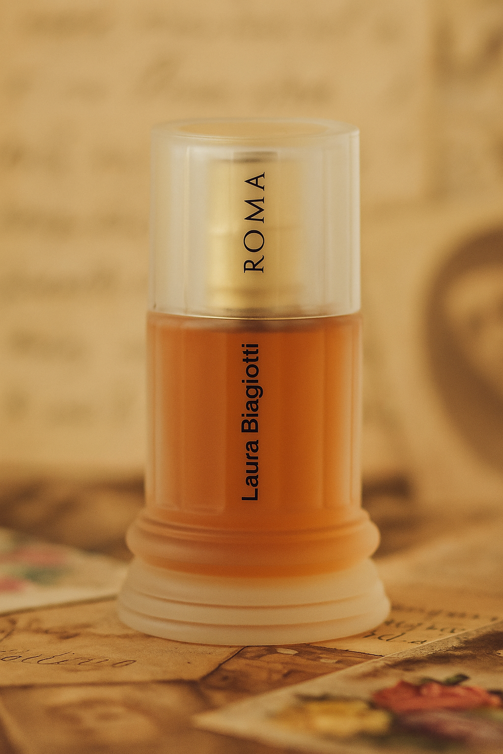 Laura Biagiotti Roma perfume bottle on a textured surface with a blurred background