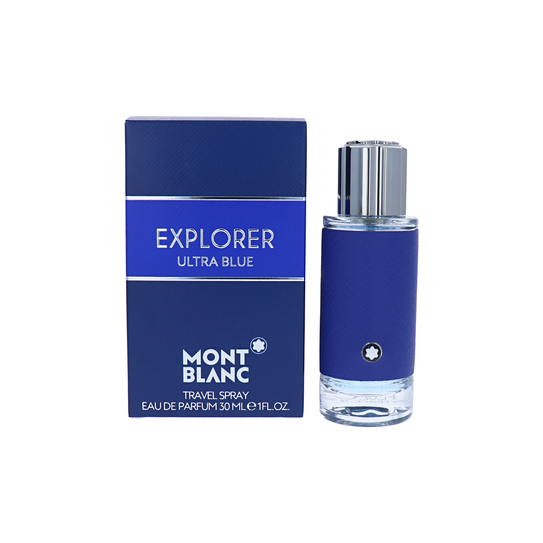 Mont Blanc Explorer Ultra Blue perfume bottle and packaging on a white background