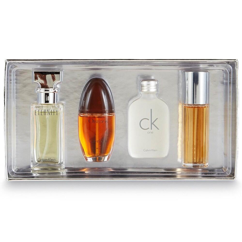 image showing the bottle and packaging for CALVIN KLEIN 4PC MINI GIFT SET WOMEN 15ML EACH OBSESSION, ETERNITY, ESCAPE, CK ONE set