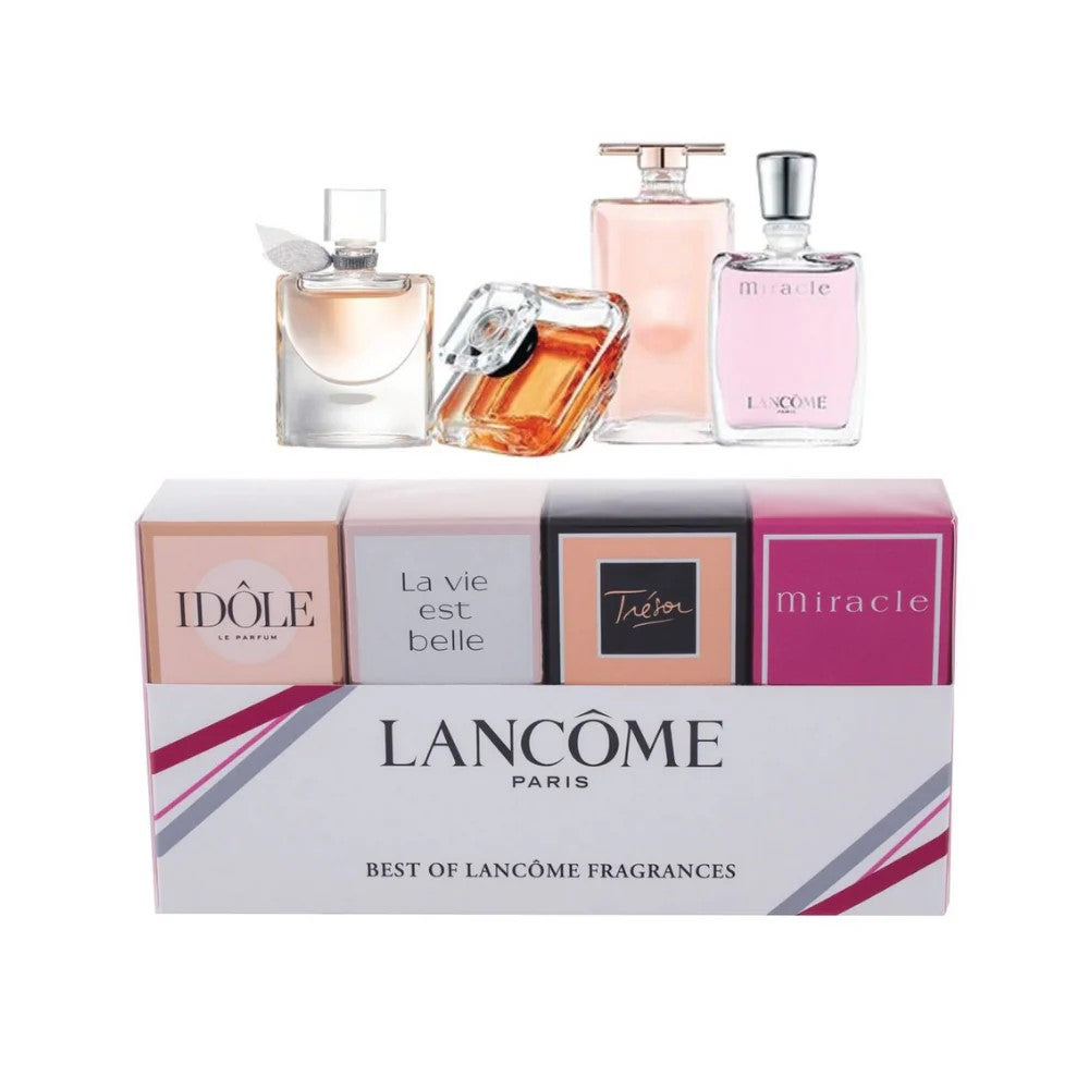 Lancème 4pc perfume bottles and packaging on a white background