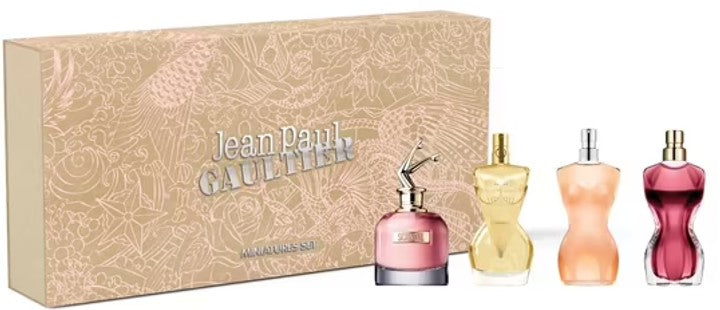 image showing the bottle and packaging for JEAN PAUL GAULTIER 4 PC MINI SET FOR WOMEN: SCANDAL EDP 6ML + DIVINE EDP 6ML + CLASSIQUE EDT 6ML + LA BELLE EDP 6ML set