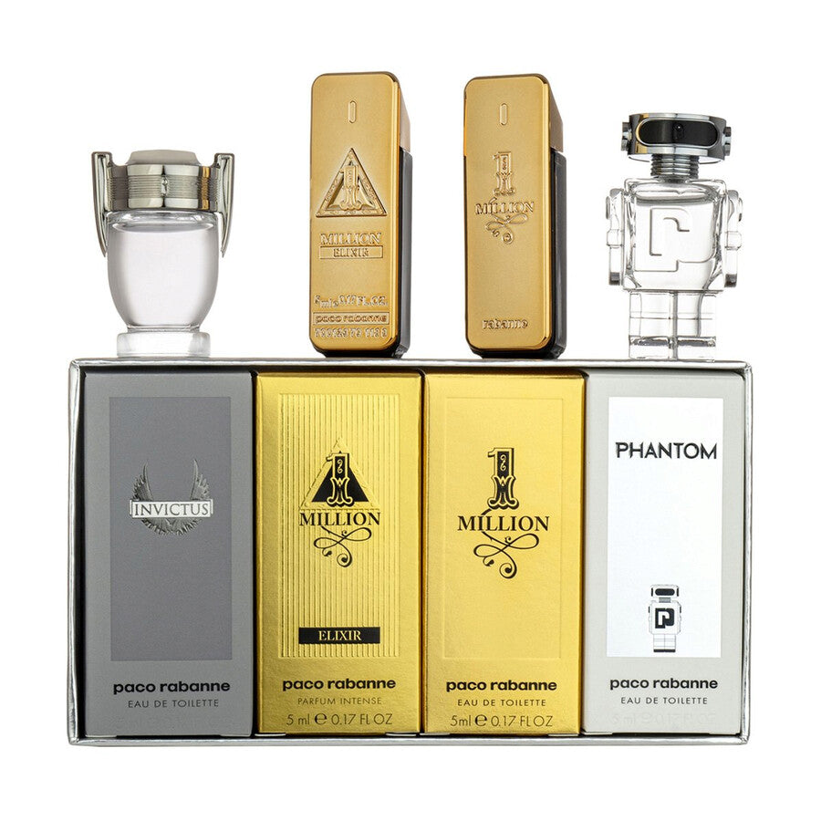 image showing the bottle and packaging for PACO RABANNE 4 PCS MINI SET FOR MEN: ONE MILLION EDT 5ML + ONE MILLION ELIXIR INTENSE EDP 5ML + INVICTUS EDT 5ML + PHANTOM EDT 5ML set