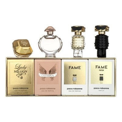 image showing the bottle and packaging for Paco Rabanne 4 Pcs Mini Set For Women: Lady Million EDP 5ml + Olympea EDP 6ml + Fame EDP 4ml + Fame Parfum 4ml set