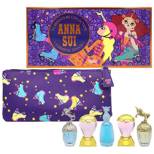 image showing the bottle and packaging for Anna Sui 6 Pc Mini Set For Women: Fantasia EDT 5ml + Fantasia Mermaid EDT 5ml + Secret Wish EDT 5ml + 2 X Sky EDT 5ml  + Pouch set