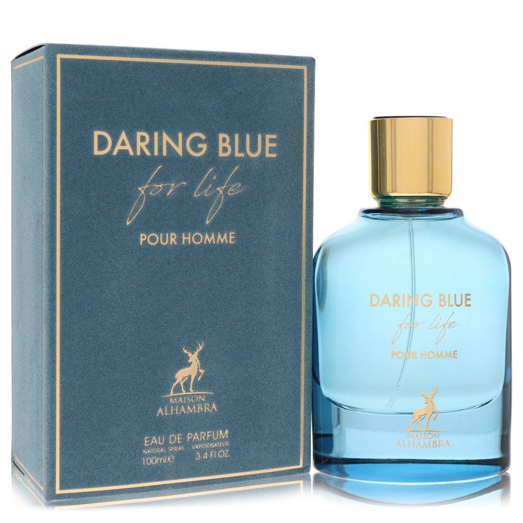 image showing the bottle and packaging for Maison Alhambra Daring Blue For Life Cologne By Maison Alhambra Eau De Parfum Spray 100ml