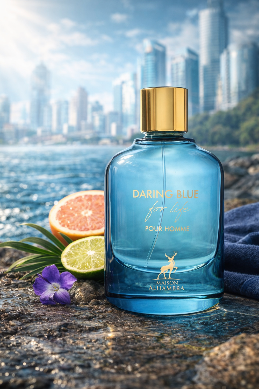 Blue perfume bottle with gold cap on a stone surface with cityscape in the background