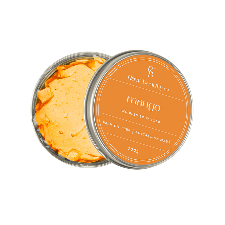 Mango soap packaging with 'Raw Beauty Box' branding on an orange background
