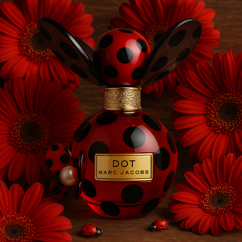 Red and black polka dot perfume bottle with 'DOT' by Marc Jacobs on red flowers.