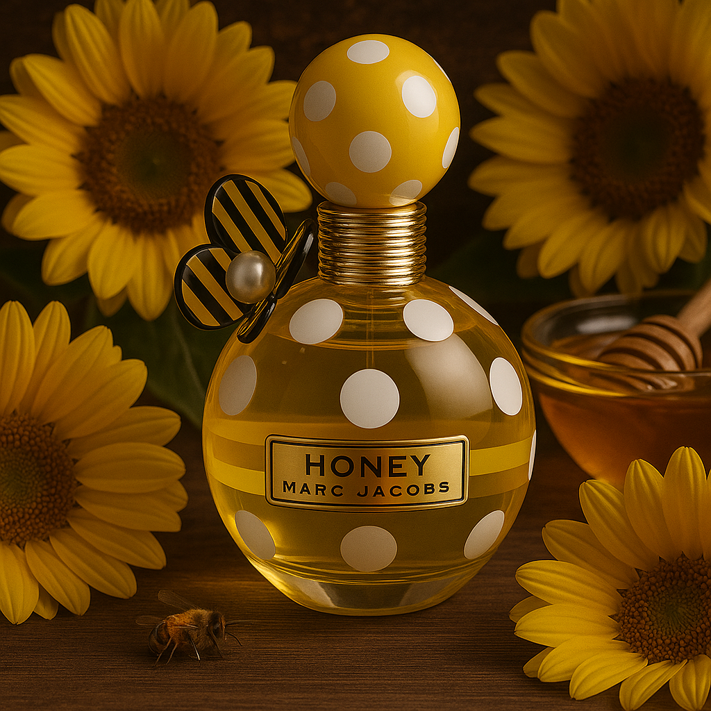 Honey Marc Jacobs perfume bottle with sunflowers and honeycomb on a wooden surface