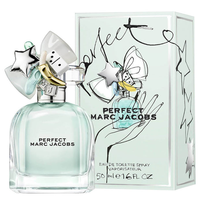 Marc Jacobs Perfect perfume bottle and packaging on a white background