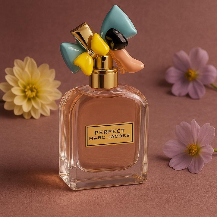 Perfume bottle labeled 'Perfect Marc Jacobs' with colorful cap on a brown background with flowers.