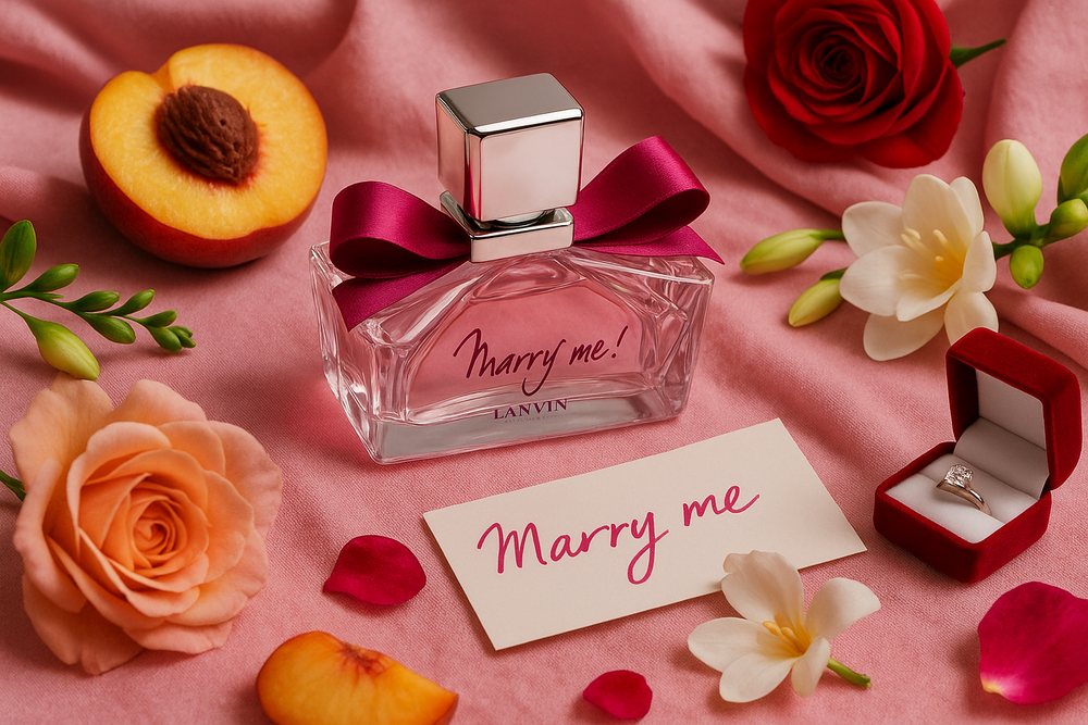Perfume bottle with 'Marry me' card, peach, roses, and ring on pink fabric