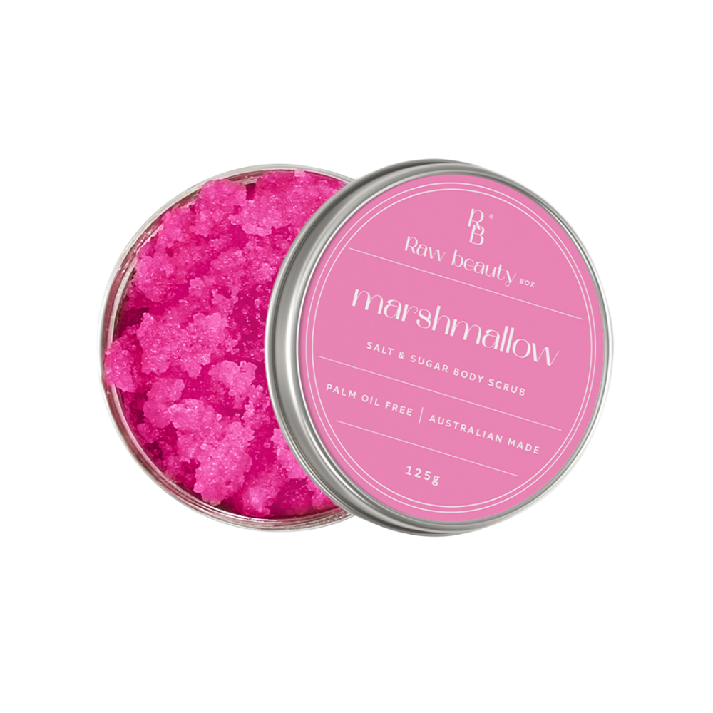 Box of Raw Beauty Box Salt + Sugar Scrub Marshmallow on a white background