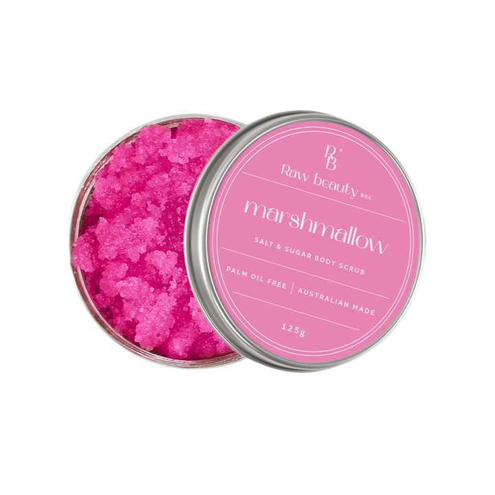 Box of Raw Beauty Box Salt + Sugar Scrub Marshmallow on a white background