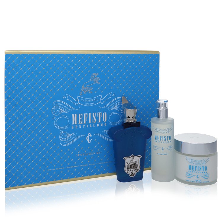 image showing the bottle and packaging for Mefisto Gentiluomo Cologne by Xerjoff Gift Set  3.4 oz Eau De Parfum Spray + 3.4 oz Deodorant Spray + 6.7 oz Shave and Post Shave Cream Gift Set