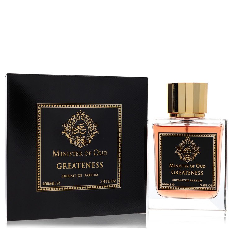 image showing the bottle and packaging for Minister Of Oud Greatness Cologne By Fragrance World Extrait de Parfum Spray 100ml