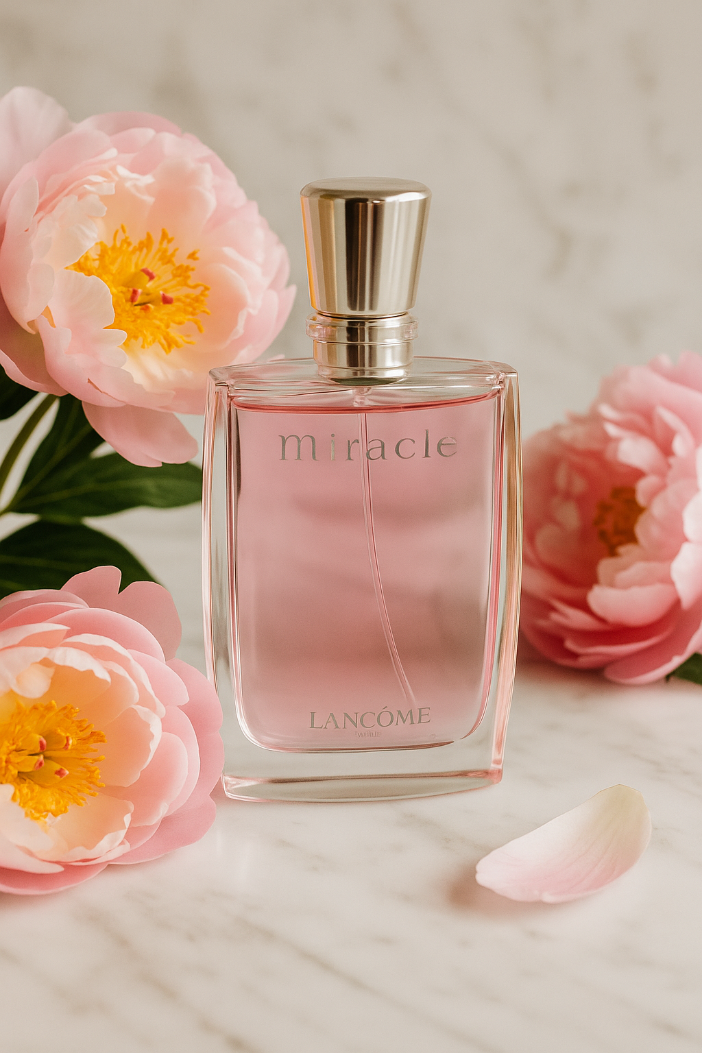 Lancome Miracle perfume bottle with pink flowers on a light background
