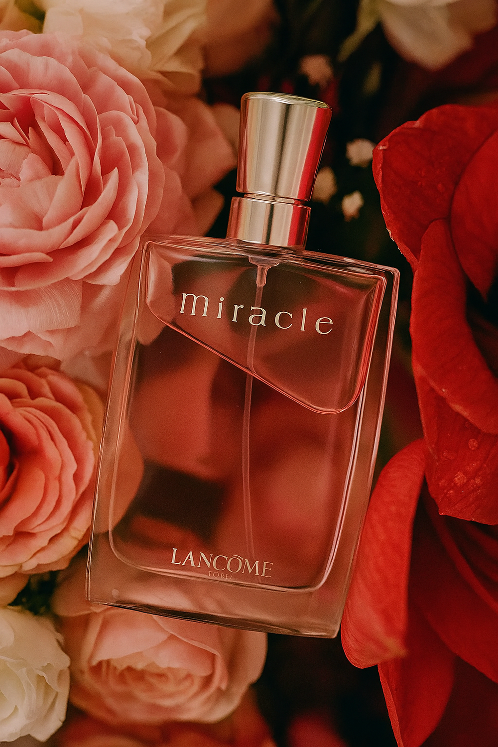 Lancome Miracle perfume bottle surrounded by flowers