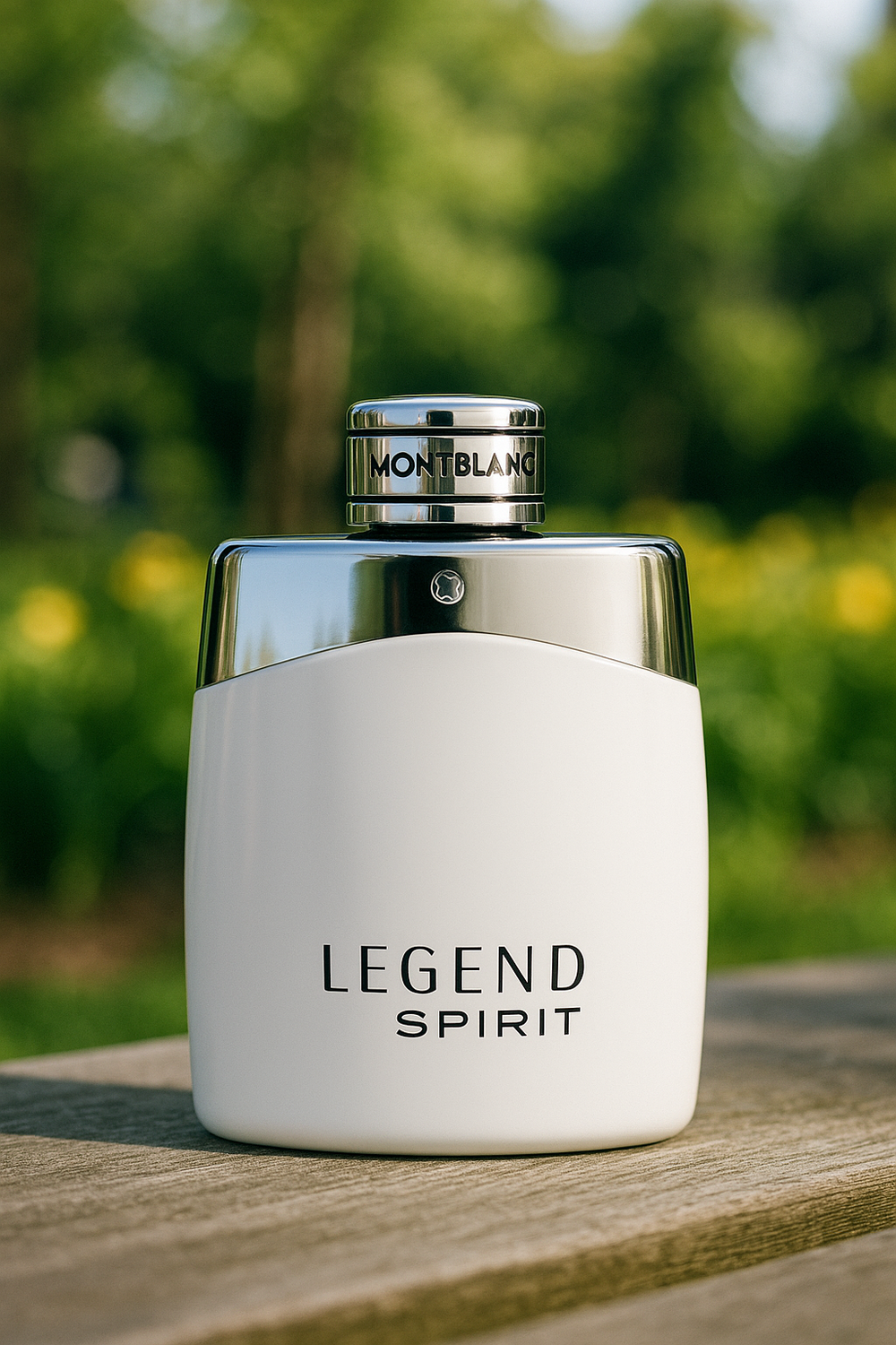 Montblanc Legend Spirit perfume bottle on a wooden surface with a blurred natural background