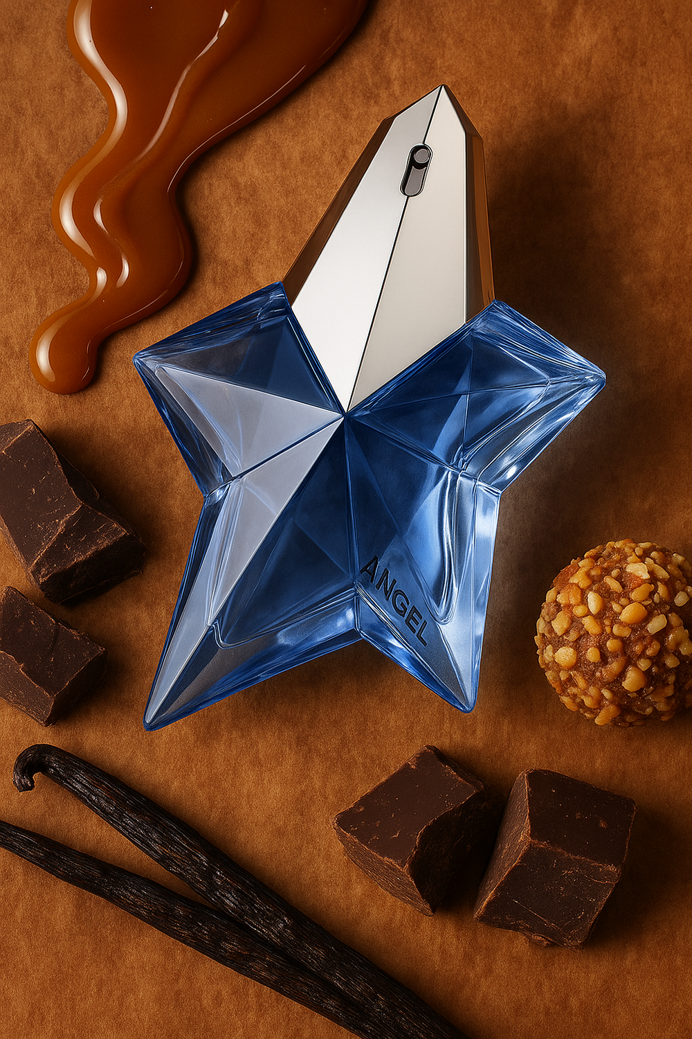 Blue star-shaped perfume bottle on a brown background with chocolate pieces and vanilla beans.