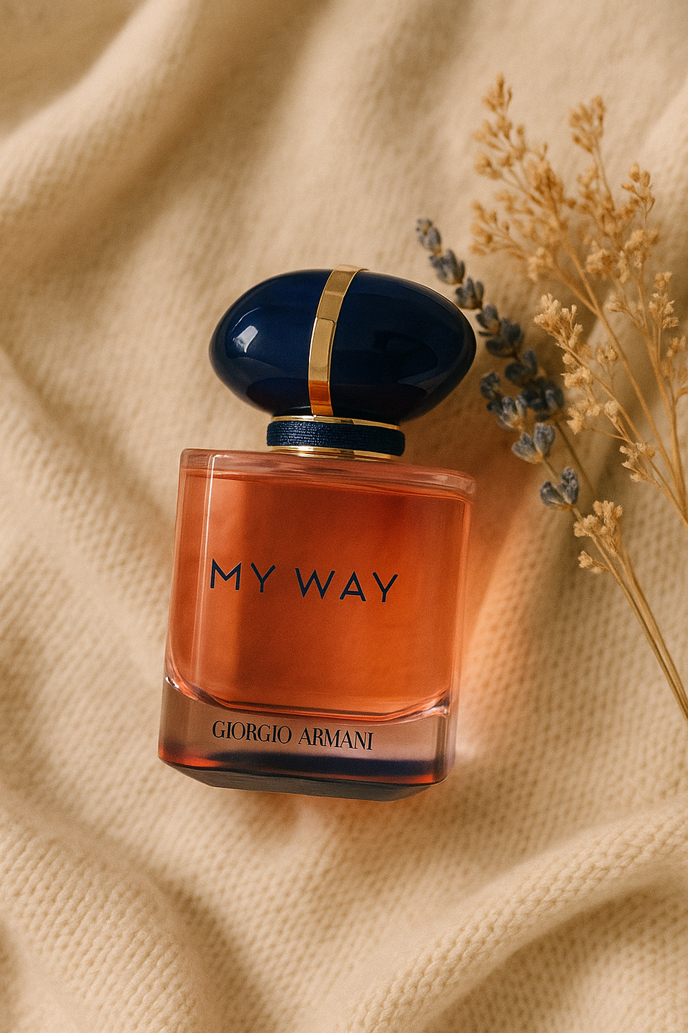 Perfume bottle labeled 'My Way' by Giorgio Armani on a beige fabric background with dried flowers.