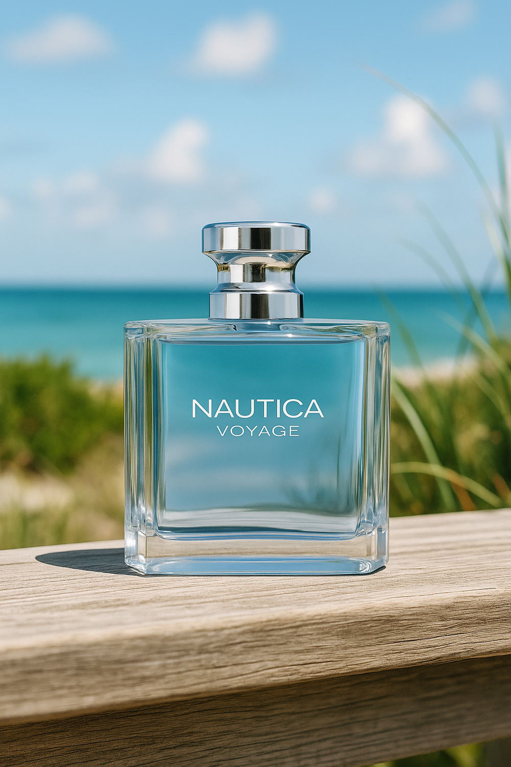 Nautica Voyage perfume bottle on a wooden surface with a beach background