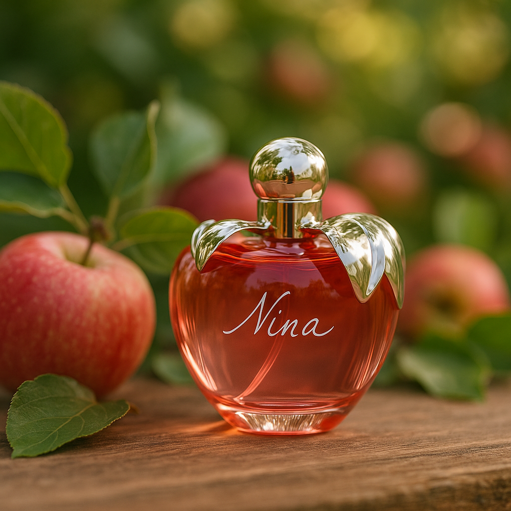 Perfume bottle labeled 'Nina' with apples in the background