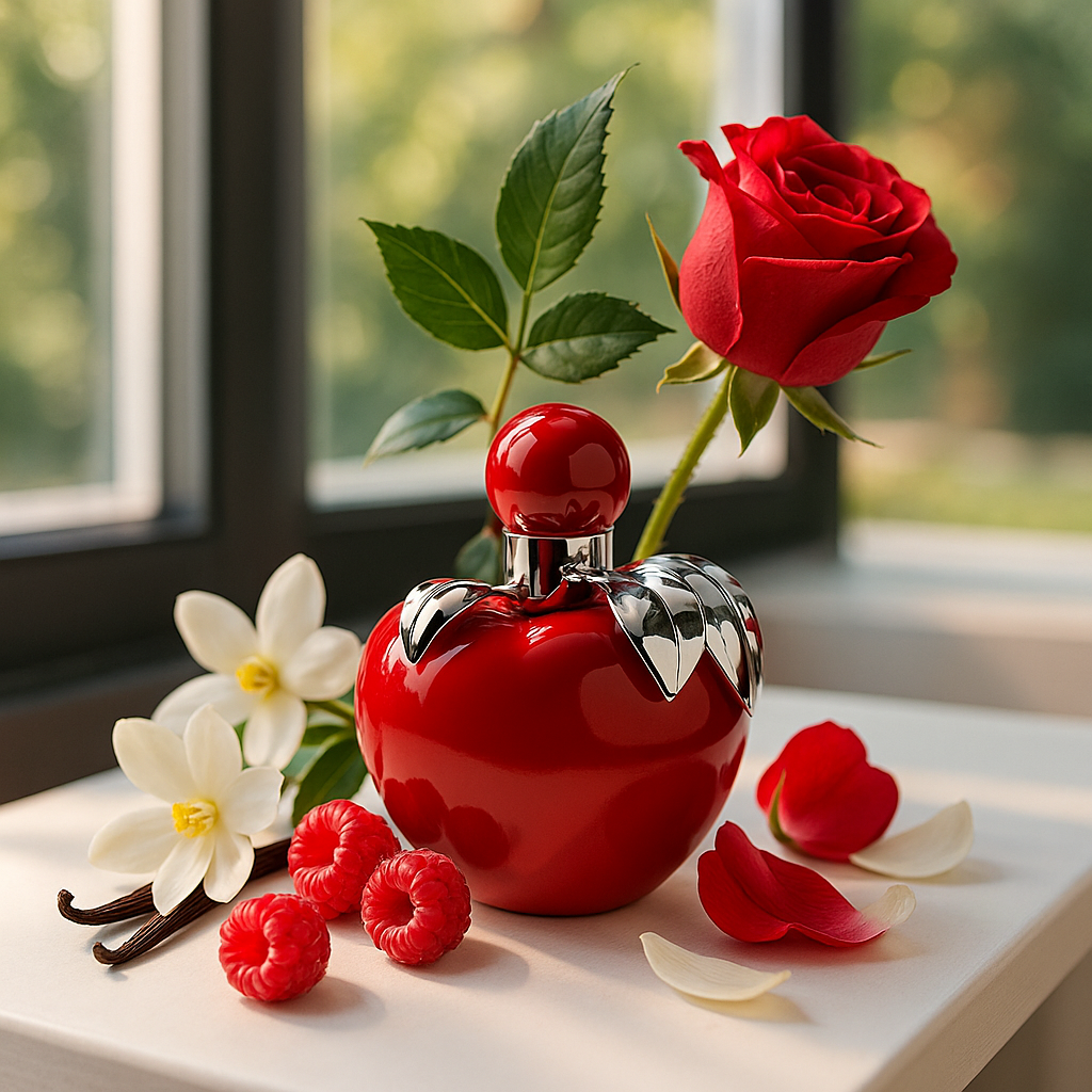 Red perfume bottle with a rose, raspberries, and vanilla beans on a windowsill.