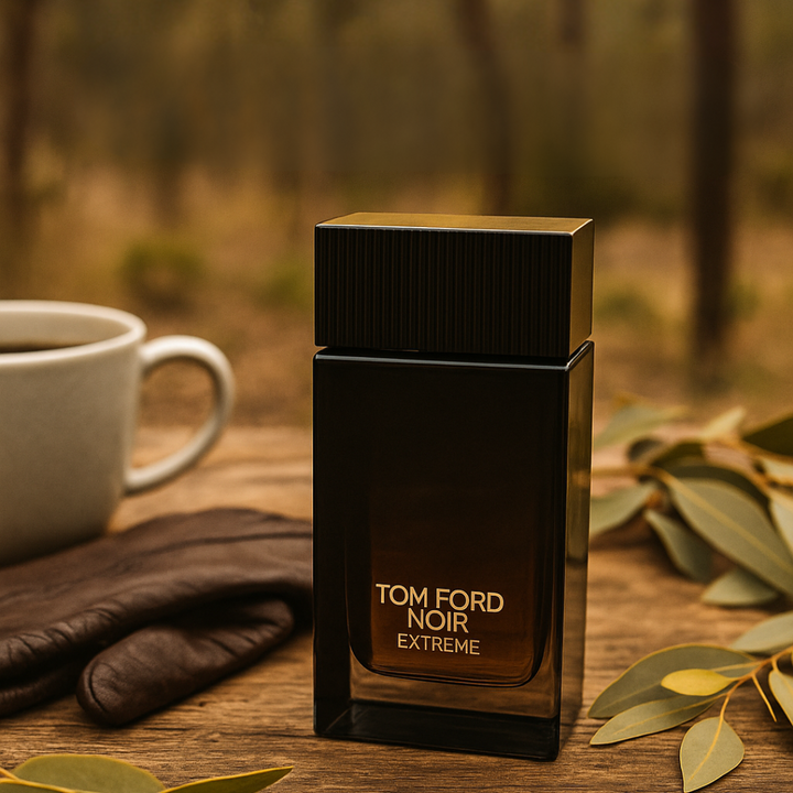 Tom Ford Noir Extreme perfume bottle on a wooden surface with a cup and leaves in the background