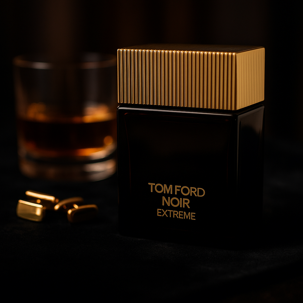Tom Ford Noir Extreme perfume bottle with a glass of whiskey and cufflinks on a dark background