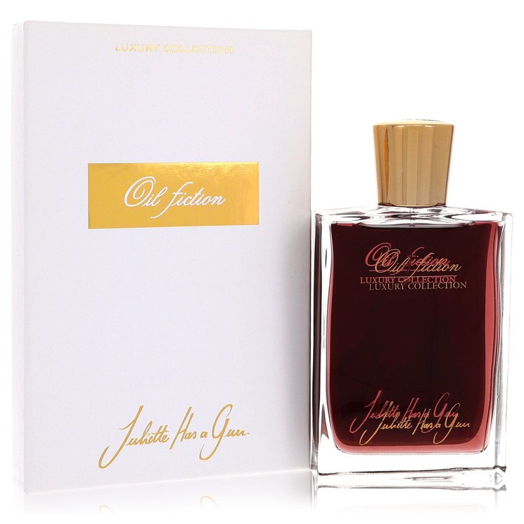 image showing the bottle and packaging for Oil Fiction Perfume By Juliette Has a Gun Eau De Parfum Spray 75ml