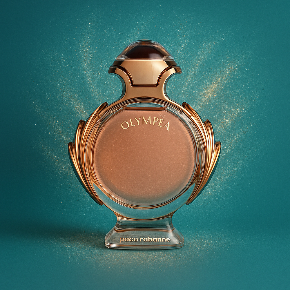 Paco Rabanne Olympea perfume bottle on a teal background