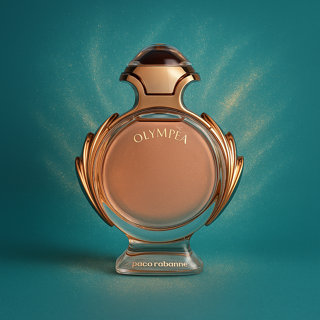 Paco Rabanne Olympea perfume bottle on a teal background