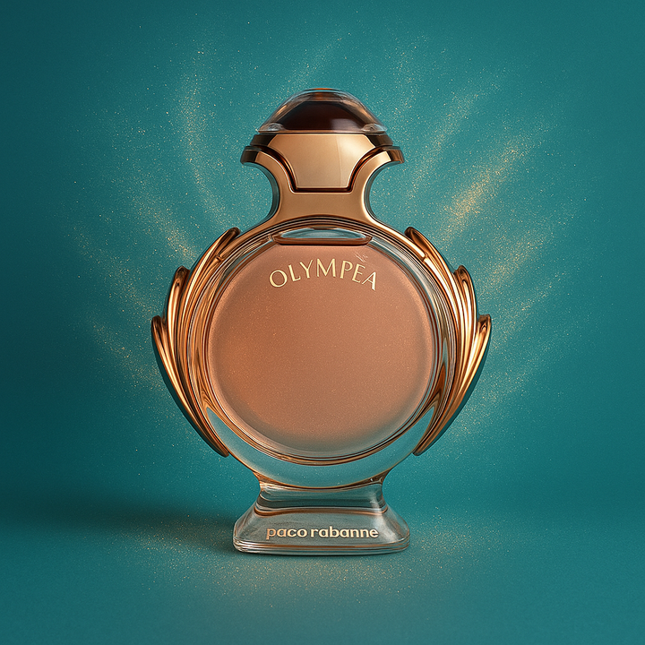 Paco Rabanne Olympea perfume bottle on a teal background