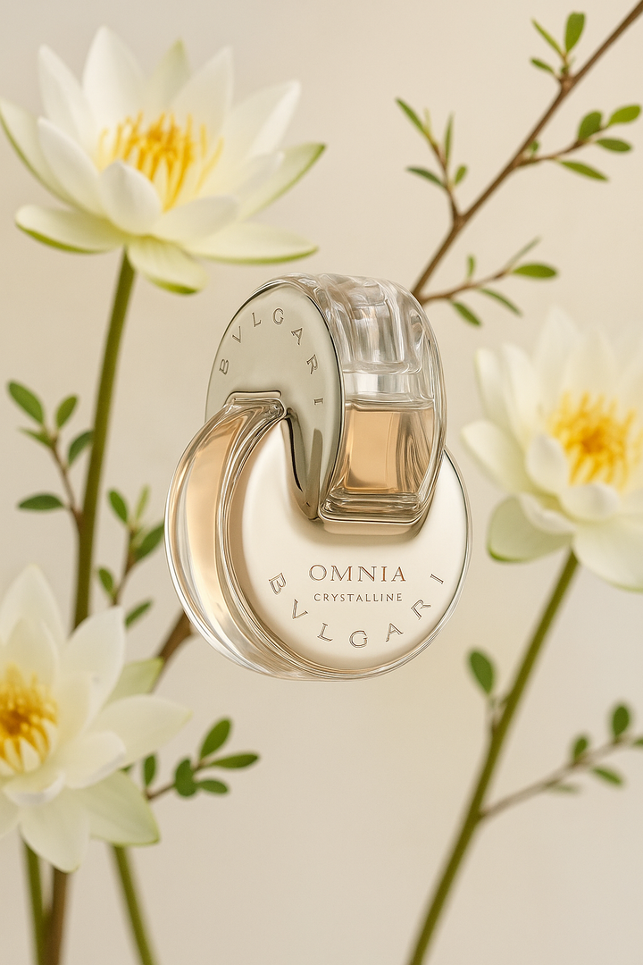 Bvlgari Omnia Crystalline perfume bottle with flowers in the background