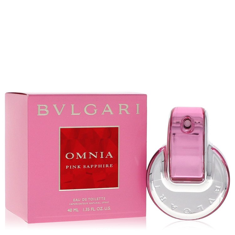 image showing the bottle and packaging for Omnia Pink Sapphire Perfume By Bvlgari Eau De Toilette Spray 40ml