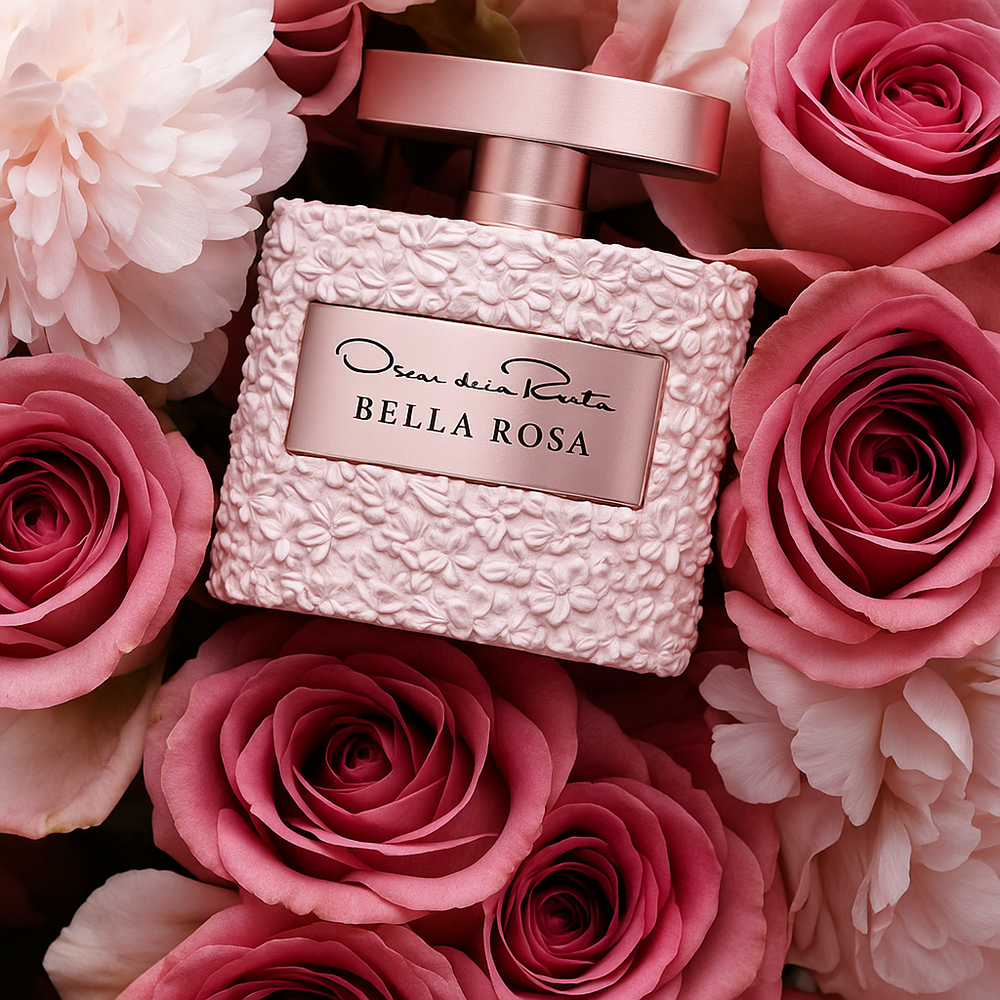 Oscar de la Renta Bella Rosa perfume bottle surrounded by pink and white roses