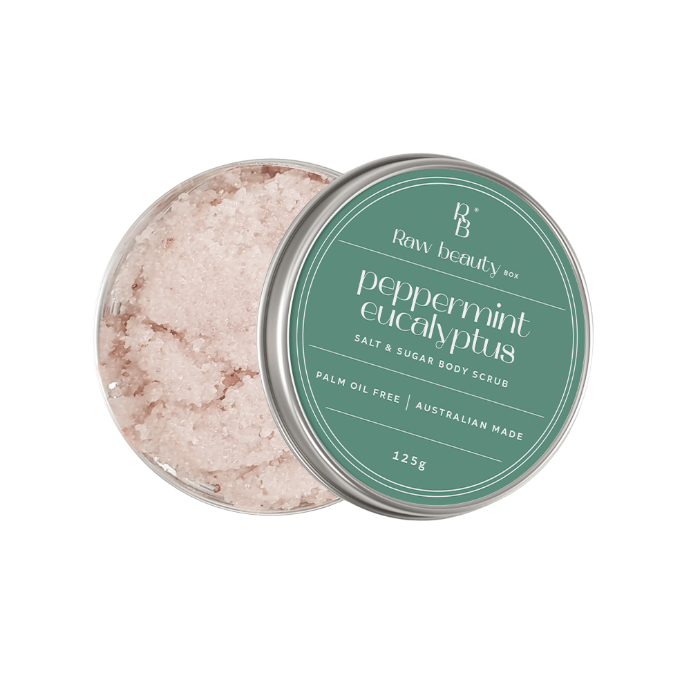 Box of Raw Beauty Salt + Sugar Scrub on a white background